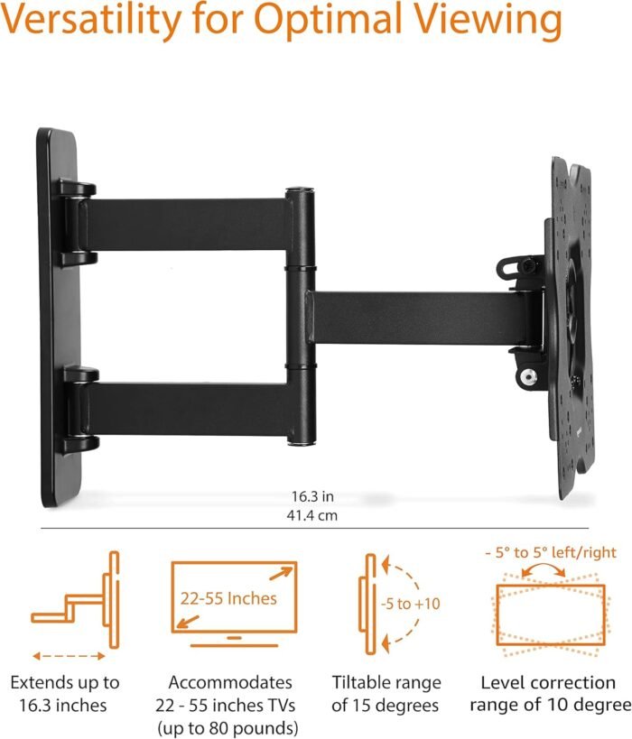 Amazon Basics Full Motion Articulating TV Wall Mount, with Swivel and Tilt, for 26" to 55" TVs and Flat Panels up to 80 Lbs, VESA Compatible, Black - Image 3