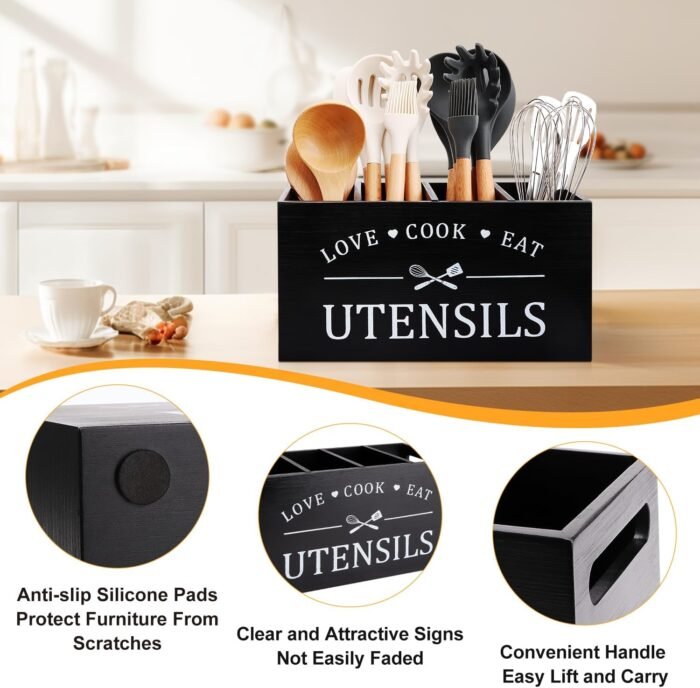 Black Farmhouse Utensil Holder for Kitchen Counter Extra Large Cooking Utensil Holder Caddy Utensils Storage Organizer for Countertop Rustic Wood Kitchen Tool Decor Utensil Crock Spatula Holder - Image 2