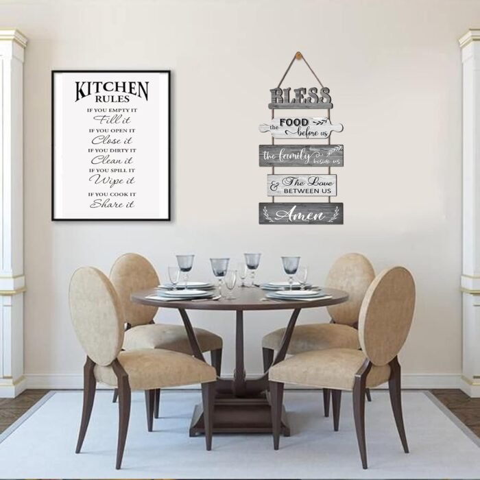 Buecasa Bless the Food Before Us Farmhouse Kitchen Wall Decor - Dining Room Decorations Collage Wall Art in White Grey Color - Wooden Rustic 5pcs Roped Sign 13x24 Inches Vertical - Image 3