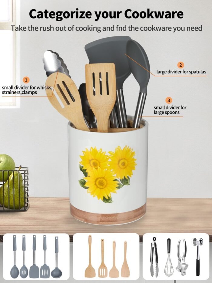 HAPPY KIT 7.6″ Extra Large Kitchen Utensil Holder, 360° Rotating Utensil Holder for Kitchen Counter with 3 Removable Compartment, Housewarming Gift & Farmhouse Kitchen Decor(Sunflower) - Image 6