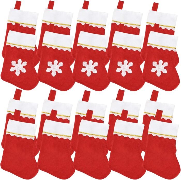 20 Pack Christmas Mini Stockings Sock Decoration Snowflake Tableware Holders, Red Felt Knife Spoon Fork Bag Candy Pouch Bag Plush Cuff Socking for Xmas Party Tree Dinner Table Home Ornaments
