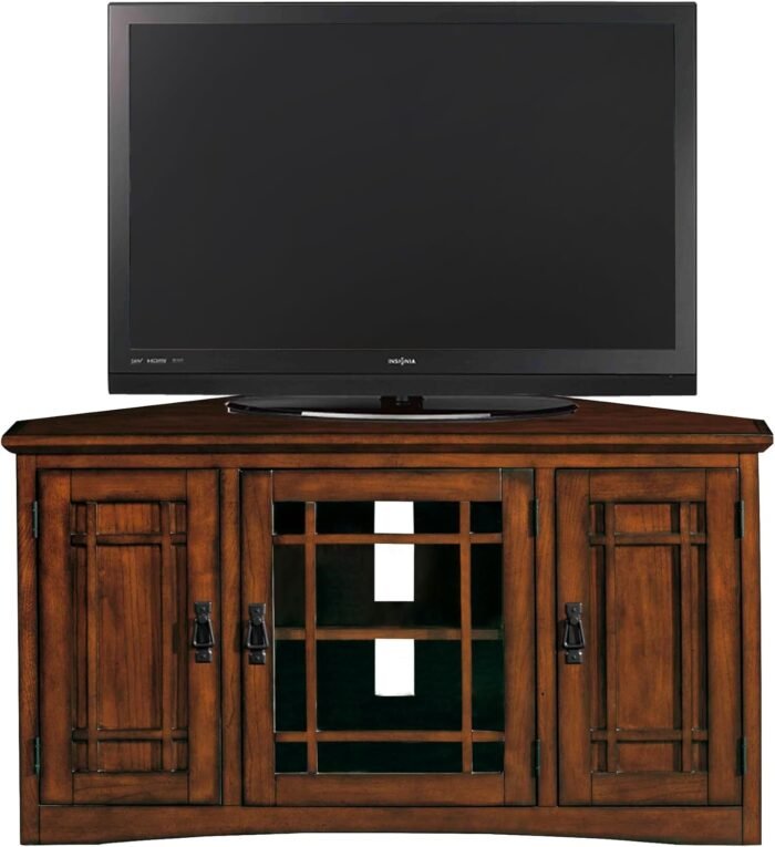 Leick Home 82385 Solid Wood Mission Corner TV Stand for 50" TVs, Living Room Entertainment Center with Three Doors and Storage Shelves, Mission Oak
