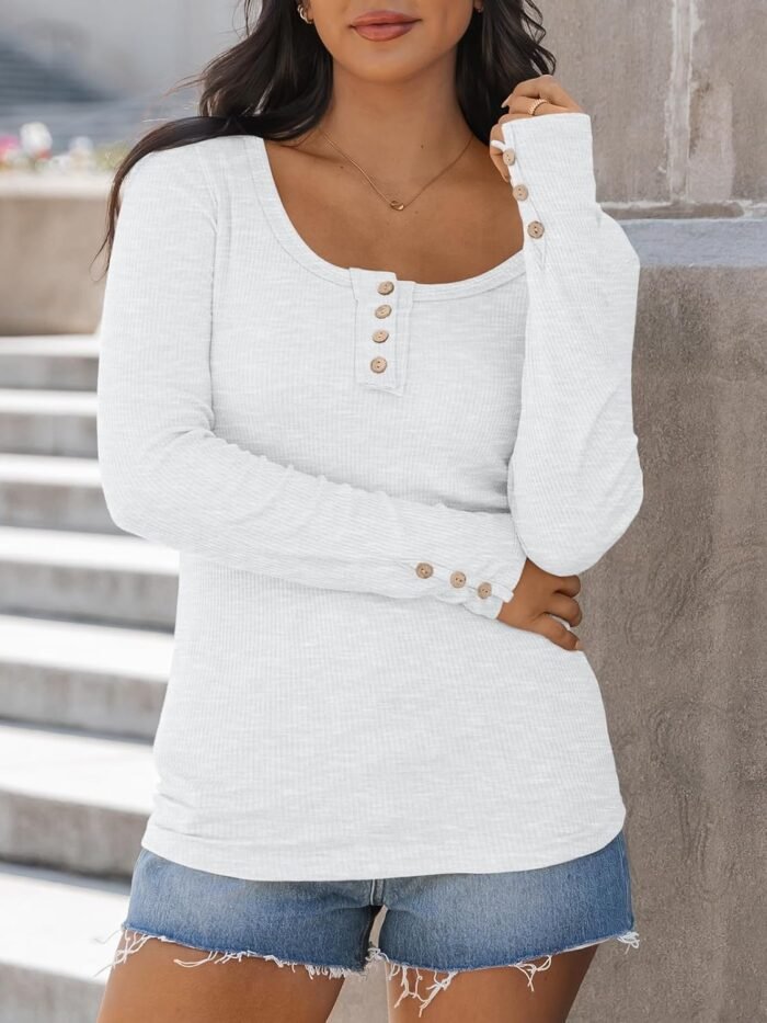 Kissfix Womens Long Sleeve Shirts Going Out Fall Clothes Casual Henley Tops Ribbed Knit Blouses Fashion Trendy Outfits - Image 2