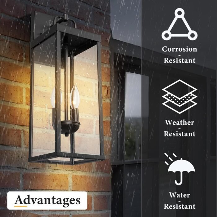 Outdoor Wall Sconce Lights, 20 Inch Tall Transitional Exterior Wall Lighting with Clear Glass, Modern Outside Wall Lantern for Front Porch Corridor Doorway Patio, RZ008M-2 BK - Image 3
