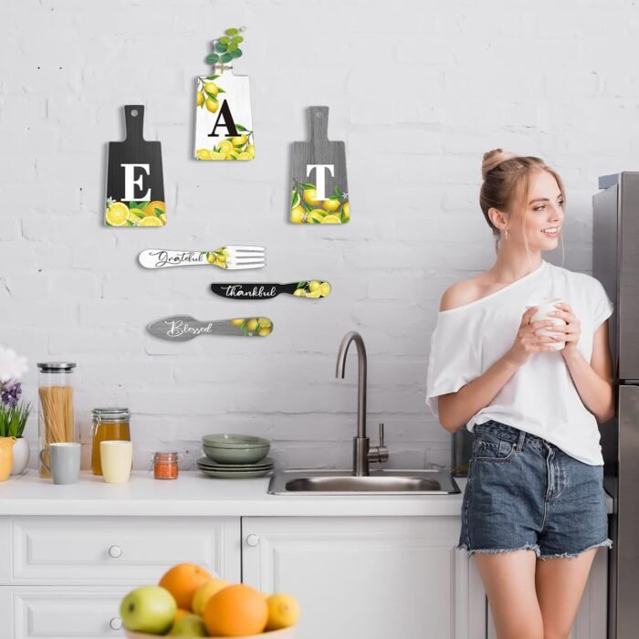 Qunclay 6 Pcs Lemon Cutting Board Eat Sign Set Fall Hanging Art Kitchen Eat Sign Lemon Knife Fork and Spoon Wall Decor Rustic Primitive Farmhouse Kitchen Christmas Decor(Black, White, Gray) - Image 5