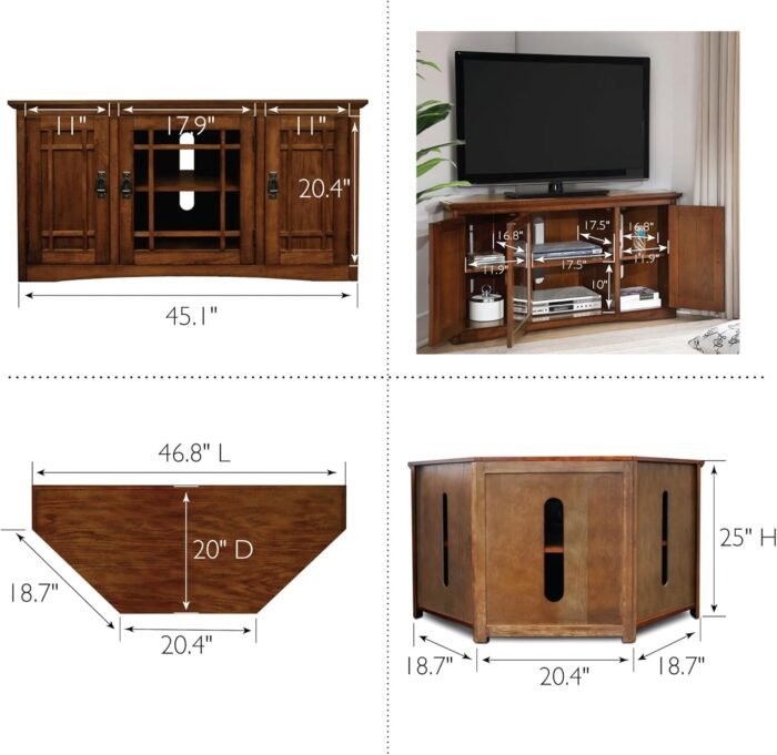 Leick Home 82385 Solid Wood Mission Corner TV Stand for 50" TVs, Living Room Entertainment Center with Three Doors and Storage Shelves, Mission Oak - Image 3