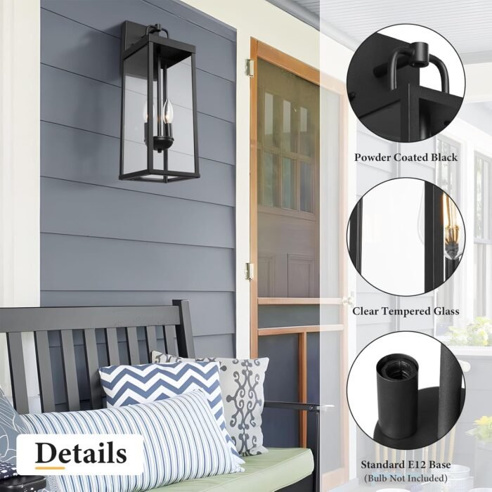 Outdoor Wall Sconce Lights, 20 Inch Tall Transitional Exterior Wall Lighting with Clear Glass, Modern Outside Wall Lantern for Front Porch Corridor Doorway Patio, RZ008M-2 BK - Image 2