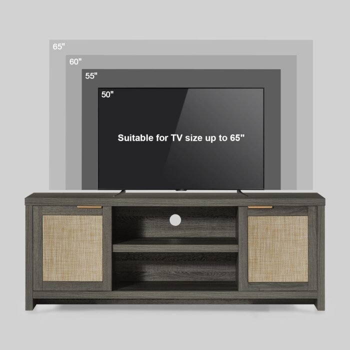 Hampstead TV Stand for Living Room, Modern Entertainment Center for 65 inch TV, 2 Rattan Doors Cabinet Media Console, TV Console Table with Soft Hinge Door and Handle (Midnight Oak) - Image 5