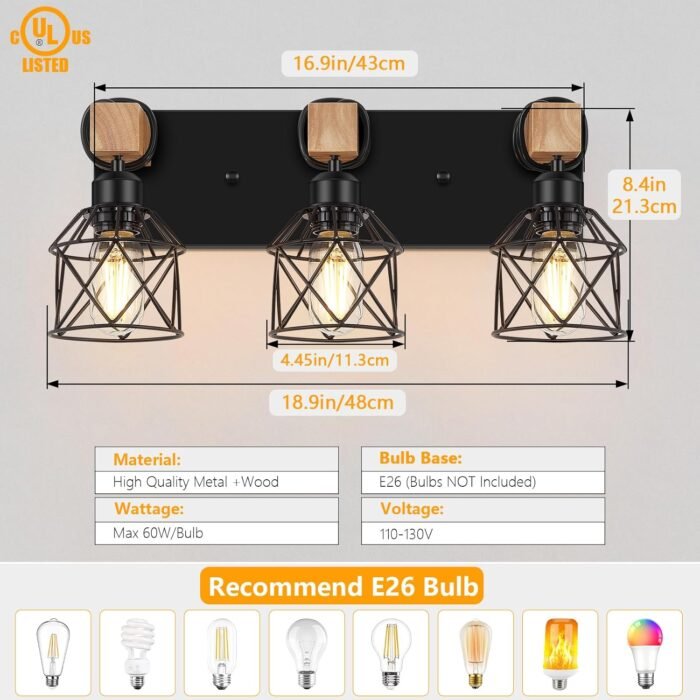 FadimiKoo 3-Light Farmhouse Vanity Light for Bathroom, Wood Bathroom Light Fixtures Over Mirror, Industrial Black Vanity Light with Metal Lampshade for Bedroom Hallway Living Room - Image 2