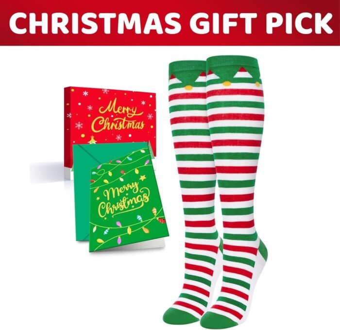 HAPPYPOP Christmas Gifts Stocking Socks for Women - Christmas Striped Knee High Elf Socks Red White Green Striped Socks for Teen Girls with Greeting Card - Image 3