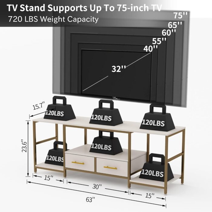 63" TV Stand for TVs, Up to 70 Inch TV, Modern Entertainment Center, TV Table with Two Drawers, TV Console Table with Metal Frame, TV Stands for Living Room, Bedroom, White/Gold - Image 7