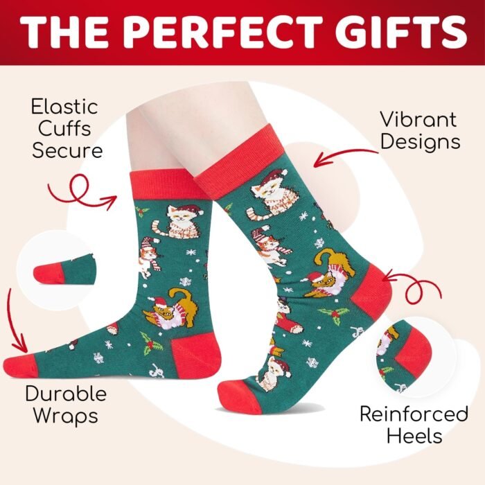 HAPPYPOP Christmas Gifts Stocking Socks for Cat Lovers - Christmas Socks for Teens, Green Cat Mom Dad Socks for Women Men with Greeting Card - Image 4