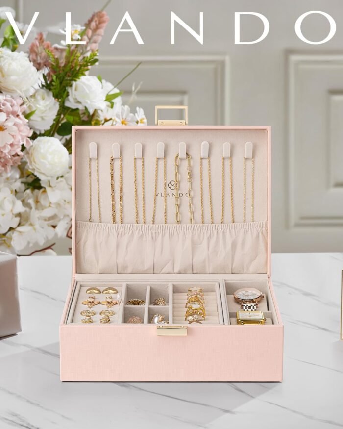 Vlando 2 Layer Jewelry Box Large Jewelry Organizer for Women Removable Jewelery Tray with Watch Pillow for Necklace Earrings Rings Bracelets Jewelry Boxes for Christmas Gifts Mother's Day Gifts (Pink) - Image 2