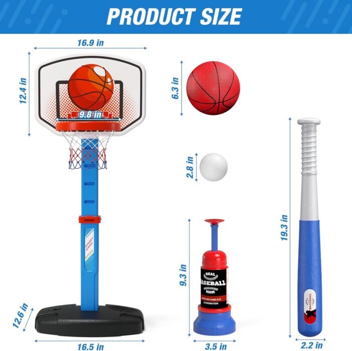 2 in 1 Kids Basketball Hoop and T Ball Set - Adjustable Height, Kids Baseball Tee with Automatic Pitching Machine, Indoor Outdoor Sport Toys Gifts for Toddler Boys Girls Age 1-5, Blue - Image 8