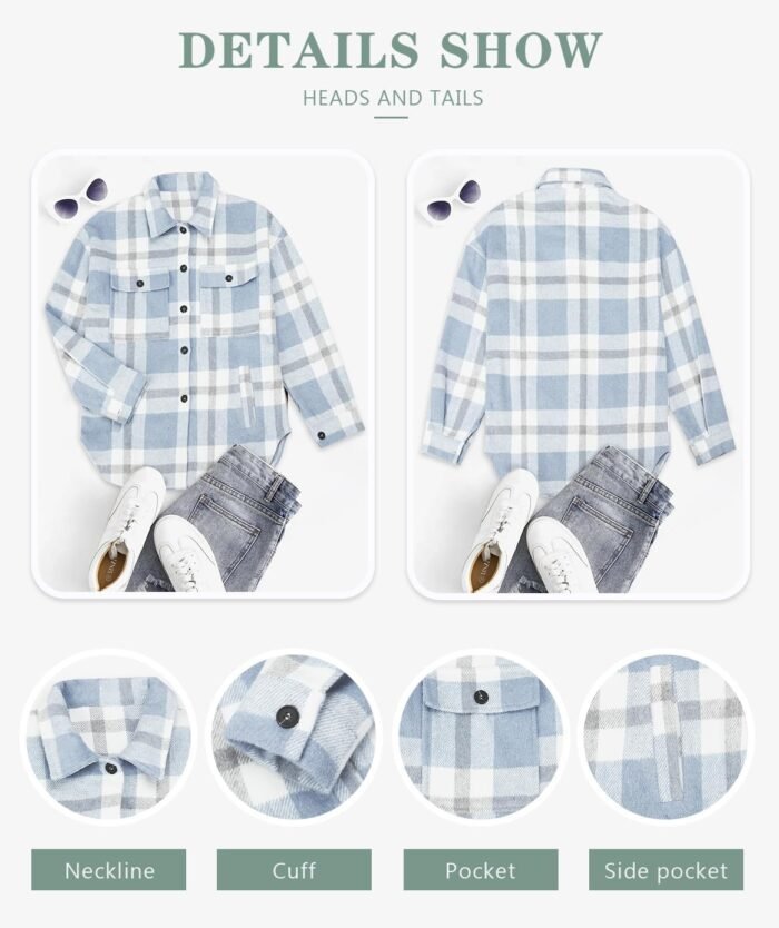 Beaully Women's Flannel Plaid Shacket Long Sleeve Button Down Shirts Jacket Coats with Side Pockets - Image 4