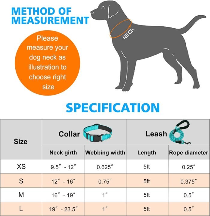 Reflective Dog Collar Padded with Soft Neoprene Breathable Adjustable Nylon Dog Collars for Small Medium Large Dogs (Collar+Leash L Neck 19"-23.5", Blue) - Image 4