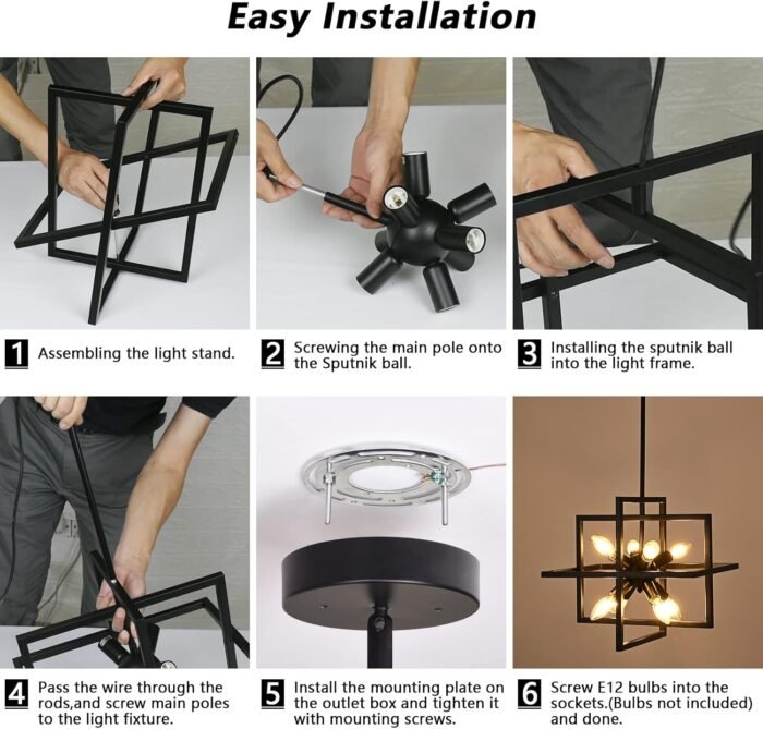 Small Modern Lantern Chandeliers, Geometric Black Pendant Lighting, 8-Light Industrial Hanging Chandelier Light Fixture for Dining Room, Kitchen, Bedroom, Foyer, Entryway, Farmhouse UL Listed - Image 6