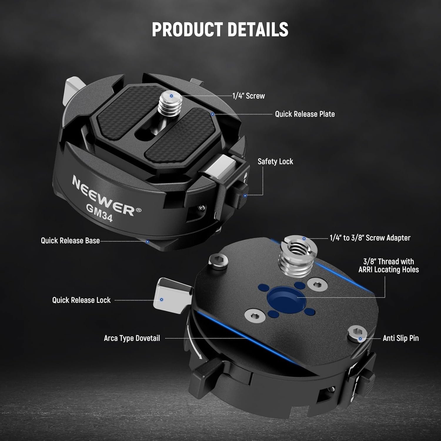 Neewer GM34 Camera Quick Release Plate Kit, Quick Switch Auto Lock Square QR Mount Plate with Arca Type Clamp Base, Compatible with Arca Swiss Peak Design Capture V3 Camera Clip, Max Load 11lb/5kg - Image 7