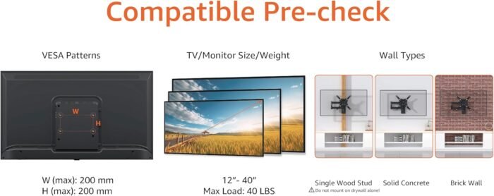 Amazon Basics Full Motion TV Wall Mount fits 12" to 40" TVs and VESA 200x200, Black - Image 2