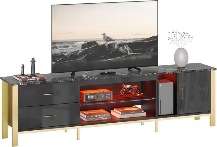 Bestier TV Stand for 75/80/85/90 Inch TV, LED Gaming Entertainment Center, Modern TV Cabinet with Glass Shelves for Living Room, 2 Storage Drawers & Cabinets for Bedroom, Black Glossy - Image 9