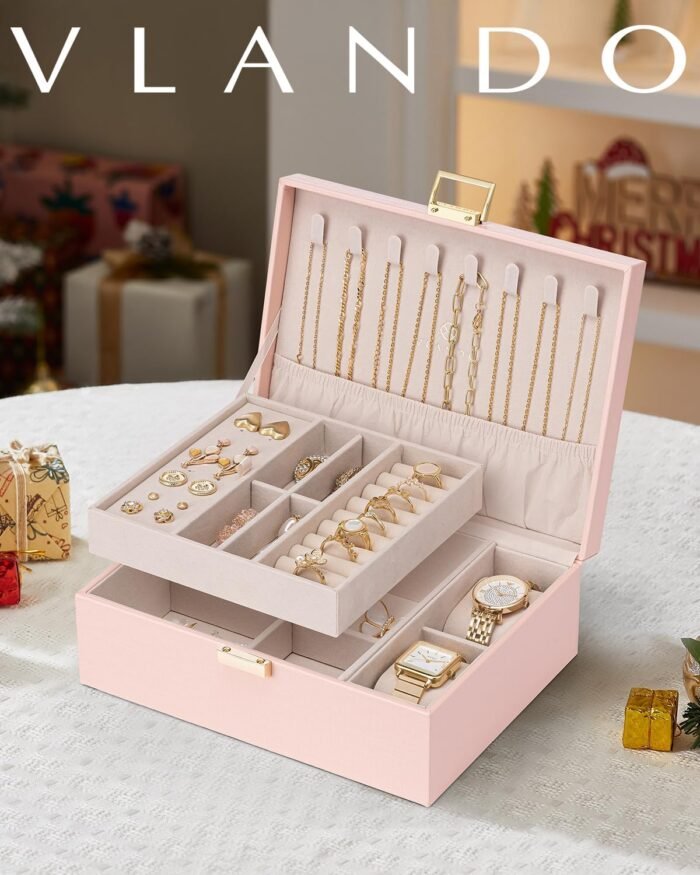 Vlando 2 Layer Jewelry Box Large Jewelry Organizer for Women Removable Jewelery Tray with Watch Pillow for Necklace Earrings Rings Bracelets Jewelry Boxes for Christmas Gifts Mother's Day Gifts (Pink) - Image 3