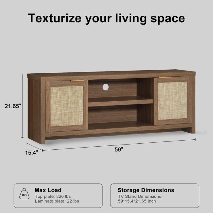 Hampstead TV Stand for Living Room, Modern Entertainment Center for 65 inch TV, 2 Rattan Doors Cabinet Media Console, TV Console Table with Soft Hinge Door and Handle (Special Walnut) - Image 4