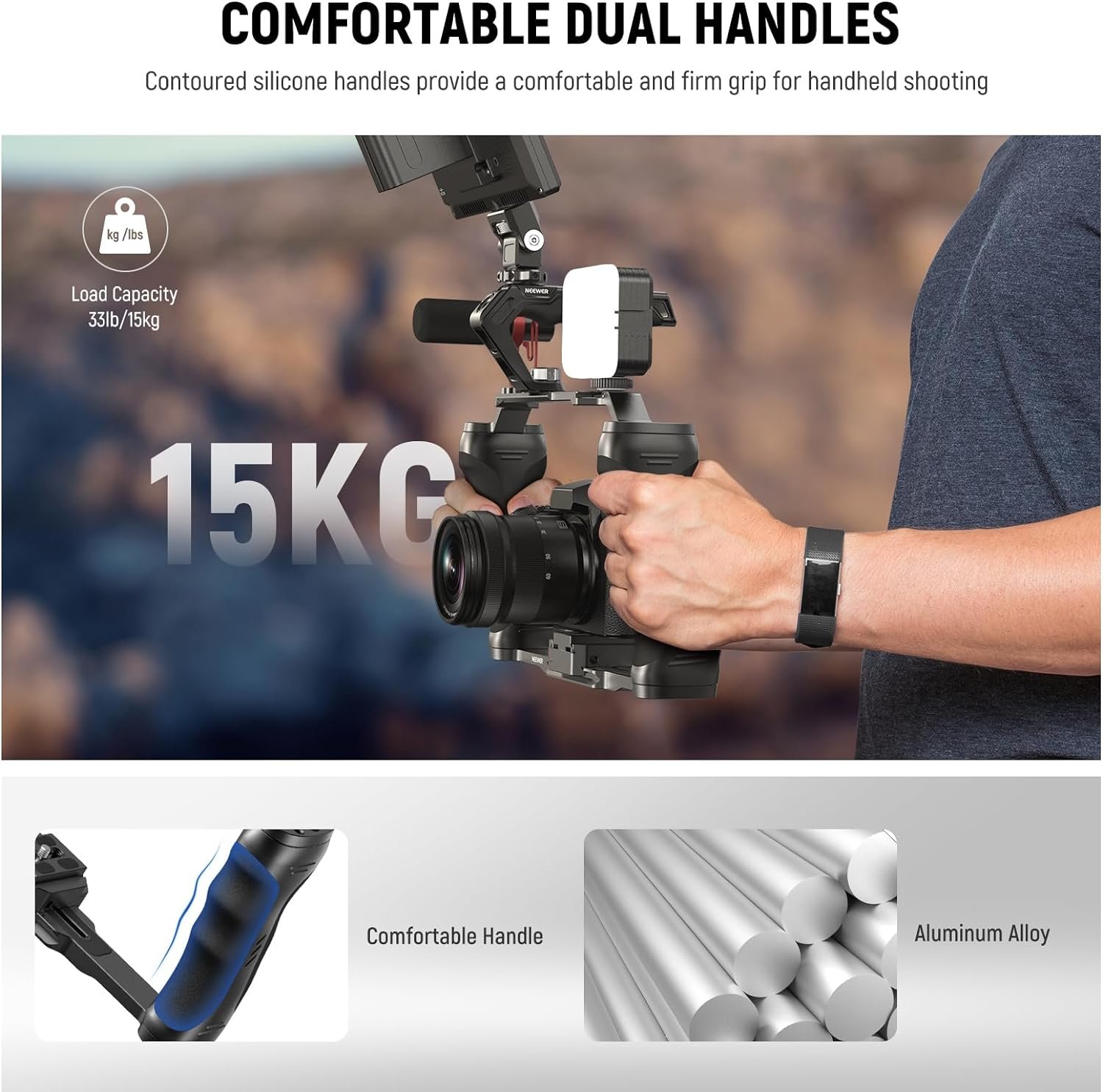 NEEWER Video Camera Cage Rig with Arca Type Quick Release Plate, Dual Grips, 3/8" ARRI & 1/4" Threads, Cold Shoes, Universal Camera Stabilizer Compatible with SmallRig NEEWER Baseplate, CA077 - Image 4