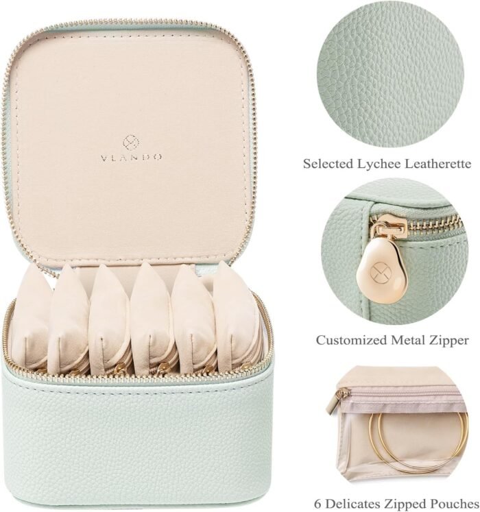 Vlando Travel Jewelry Box Organizer - 6 Small Velvet Zipped Pouches Pockets for Jewelries Necklaces Rings Earrings Sorting Storage, Menthol Mambo - Image 2