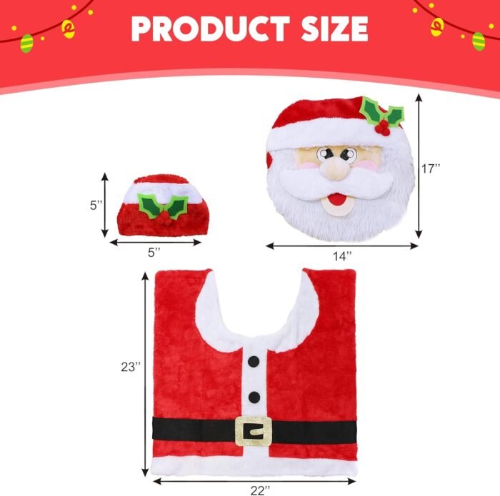 JOYIN 5 Pieces Christmas Theme Bathroom Decoration Set w/Toilet Seat Cover, Rugs, Tank Cover, Toilet Paper Box Cover and Santa Towel for Xmas Indoor Décor, Party Favors (Santa) - Image 3