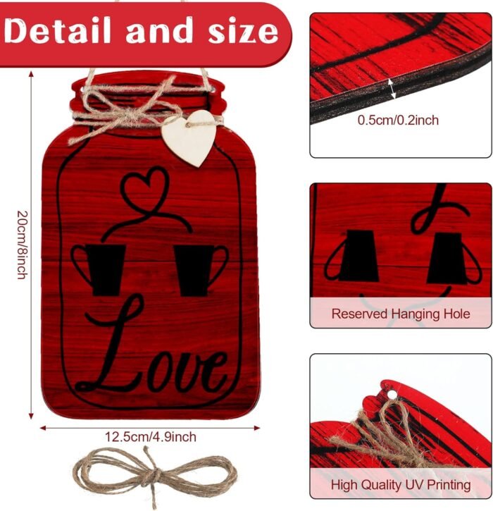 Yalikop 4 Pcs, Wall Decor Eat Drink Enjoy Love Wood Sign Mason Jar Shaped Wooden Rustic Home Decor for Home Kitchen Dining Room Bar Cafe Decor (White, Brick Red, Light Brown, Black, Retro Style) - Image 2
