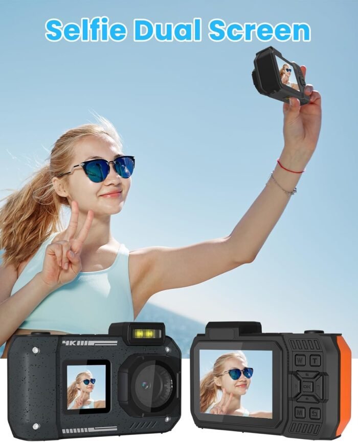 4K 33FT Digital Camera 48MP Underwater Camera Waterproof Camera Rugged Dustproof Shockproof,with 64GB Card Autofocus Selfie Dual-Screen Camera Snorkeling Zoom Point and Shoot Camera Type-C-Orange - Image 5