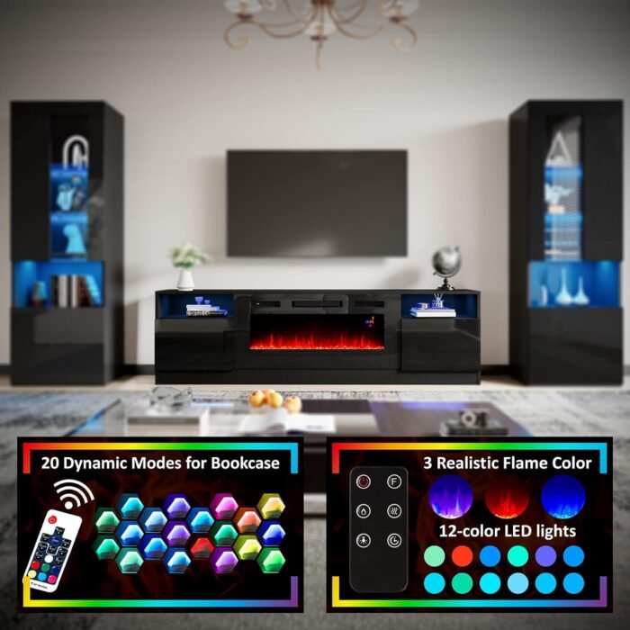 AMERLIFE Modern Highgloss Fireplace Entertainment Center Set, Includes 80" Fireplace TV Stand & 2 LED Highgloss Bookcases, Modern Storage Cabinets for TVs up to 90", Black - Image 4