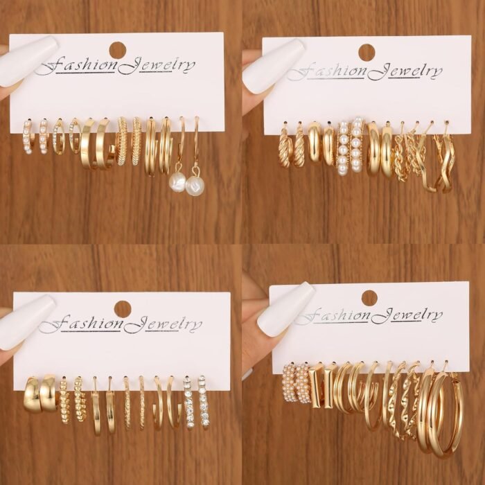 45 Pairs Gold hoop Earring Set for Women, Fashion Stud Pearl Earrings Multipack, Hypoallergenic Twisted Heart Earring Pack, Gold Hoops Earrings for Party Jewelry with Gift Bag - Image 6