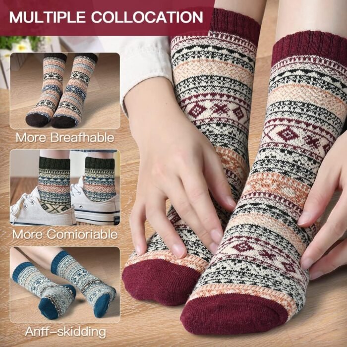 FYC Winter Womens Socks Wool Warm Thick Knit Cozy Crew Casual Vintage Soft Socks for Women Christmas Gifts Socks 5 Pairs - Image 5