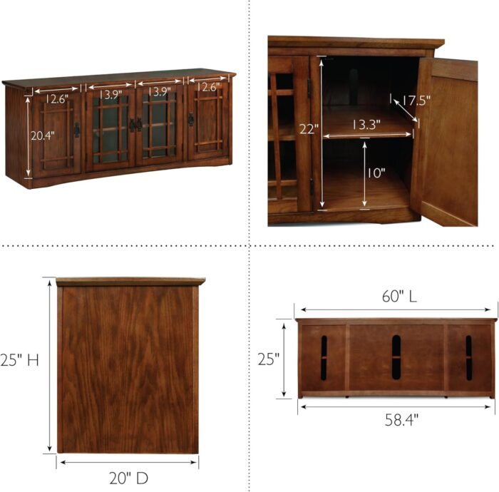 Leick Home 82360 Solid Wood Mission Oak Four Door TV Stand For 65" TVs Universal TV Console Living Room Storage Shelves Entertainment Center, Mission Oak - Image 3