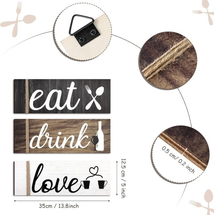 Jetec 3 Pcs Farmhouse Kitchen Wall Decor Eat Sign Rustic Wooden Kitchen Sign Wood Home Sign Eat Drink Love Sign with Hanging Hole for Home Kitchen Dining Living Room Bar Cafe Decor (Classic Color) - Image 2