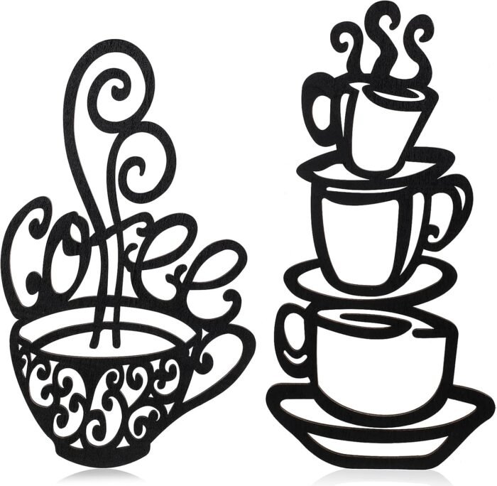 Jetec 2 Pieces Coffee Cup Wall Decor Black Coffee Cup Silhouette Wood Wall Art Cafe Themed Wall Art Cup Mug Scrolled Silhouette Metal Wall Art Decor for Coffee Shop, Kitchen, Restaurant