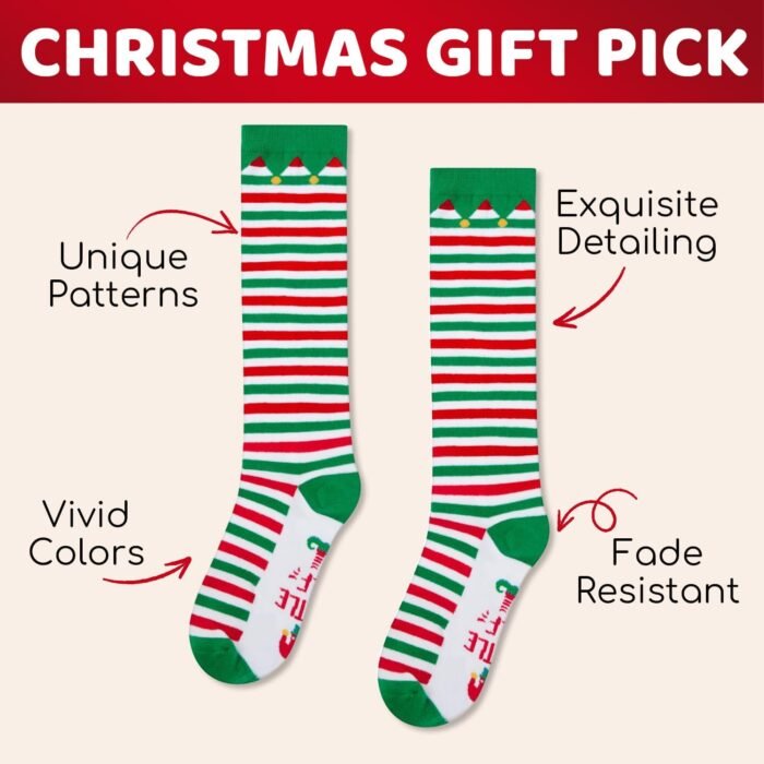 HAPPYPOP Christmas Gifts Stocking Socks for Women - Christmas Striped Knee High Elf Socks Red White Green Striped Socks for Teen Girls with Greeting Card - Image 5