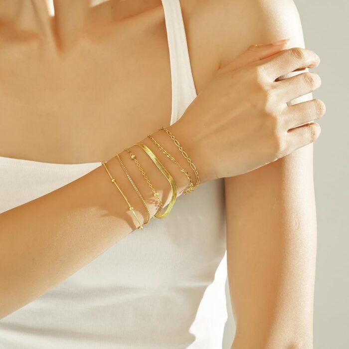 Wgoud Waterproof Gold Bracelets for Women Trendy, Dainty 14K Real Gold Plated Fashion Stackable Bracelet Sets for Women Thin Cuban Link Paperclip Chain Bracelets Layered Gold Jewelry Sets Gifts for Womens - Image 3