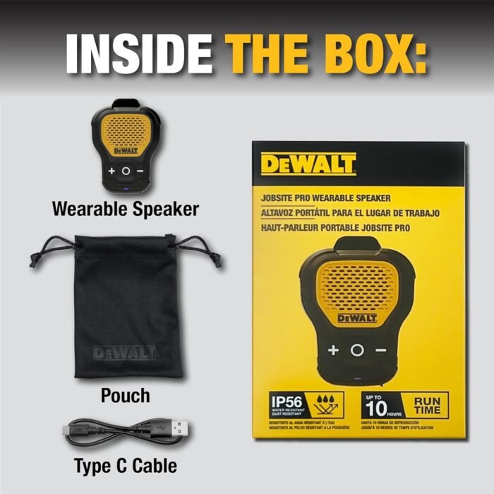 DEWALT Wearable Bluetooth Speaker (Updated Version), Clip-On Wireless Jobsite Pro Water-Resistant Portable Speaker (Non-Magnetic), Built-in Mic for Hands-Free Music/Calls, Bluetooth Speaker (Yellow) - Image 8