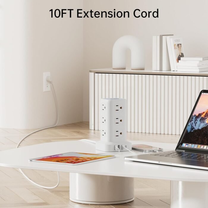 PD20W Power Strip Tower Surge Protector Power Strip with USB 12 Outlets with 4 USB Ports (1 USB C), Flat Plug 10FT Extension Cord Multi Plug Outlet Extender Overload Protection for Home Office - Image 3