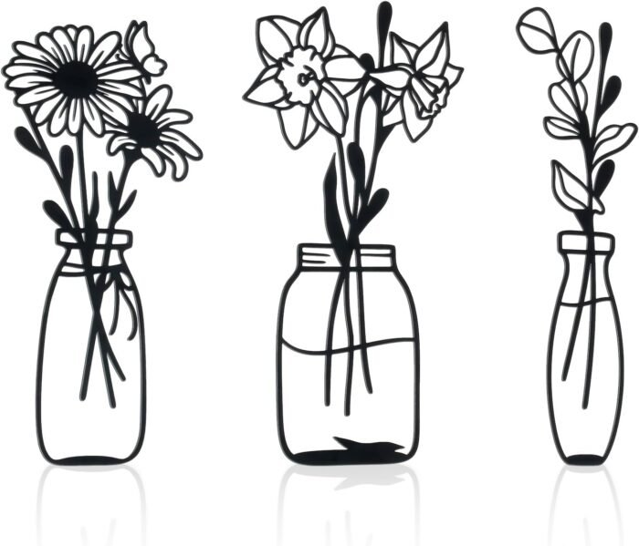Zzbakress 3 Piece Metal Flowers and Vases Wall Decoration Minimalist Art Wall Sculpture Daffodils Chrysanthemum Eucalyptus Leaf Iron Decorative Floral for Living Room or Kitchen (Style 1, Black)