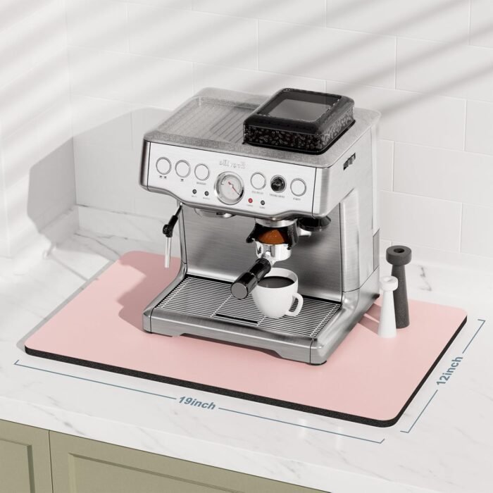 Rnivvi Coffee Mat, 12"x19" Coffee Bar Mat for Coffee Station Accessories and Organizer, Hide Stain Anti Absorbent Dish Drying Pad for Kitchen Counter, Cute Coffee Bar Decor Coffee Machine Mat, Pink - Image 2