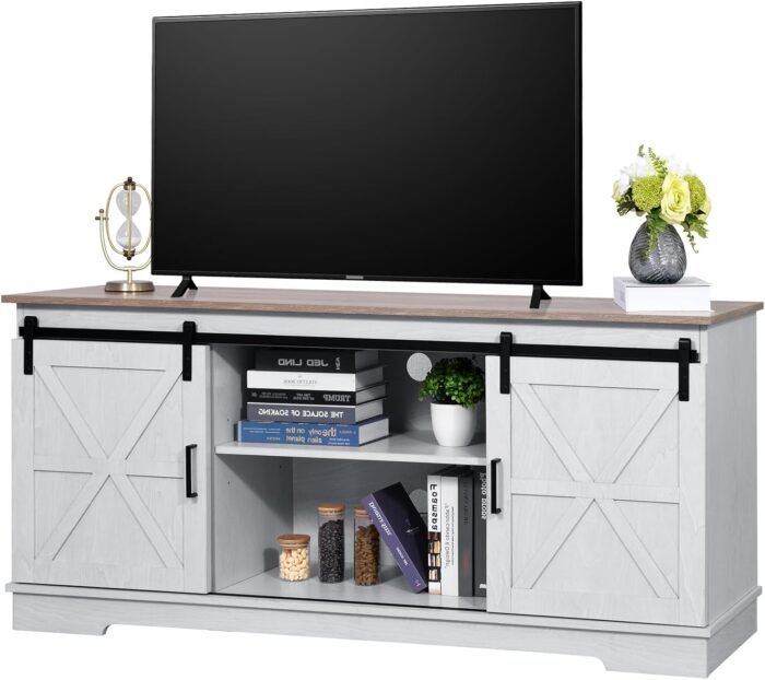 YITAHOME Farmhouse TV Stand for TVs up to 65 Inch, Entertainment Center with Sliding Barn Doors and Storage Cabinet, Rustic TV Media Console for Living Room, Grey White & Grey Wash - Image 9