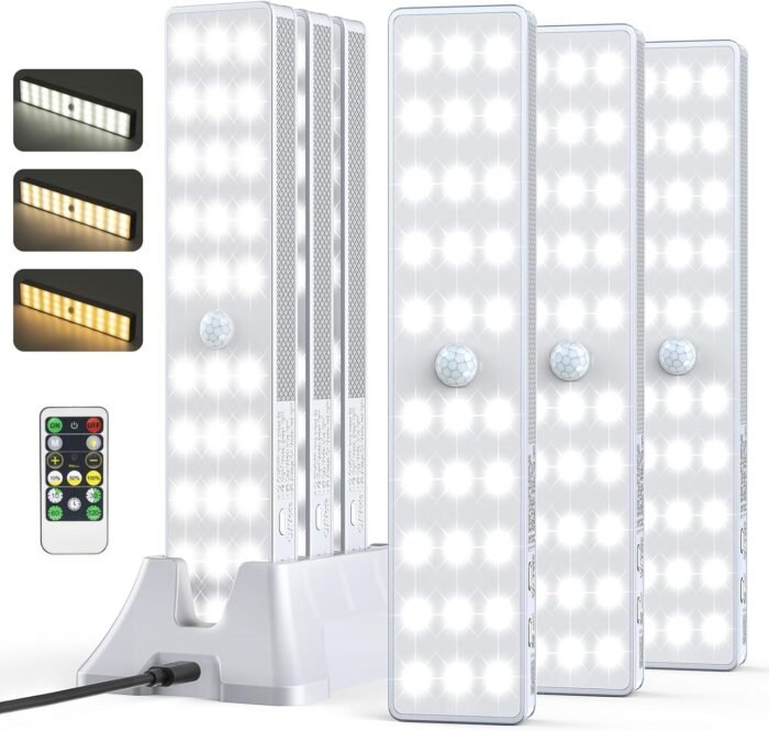 LED Closet Light with Charging Station, 3 Color Temperatures 30LEDs Dimmer Rechargeable Motion Sensor Under Cabinet Lighting with Remote Control, Wireless Stick-on Night Light for Kitchen-6 Pcs