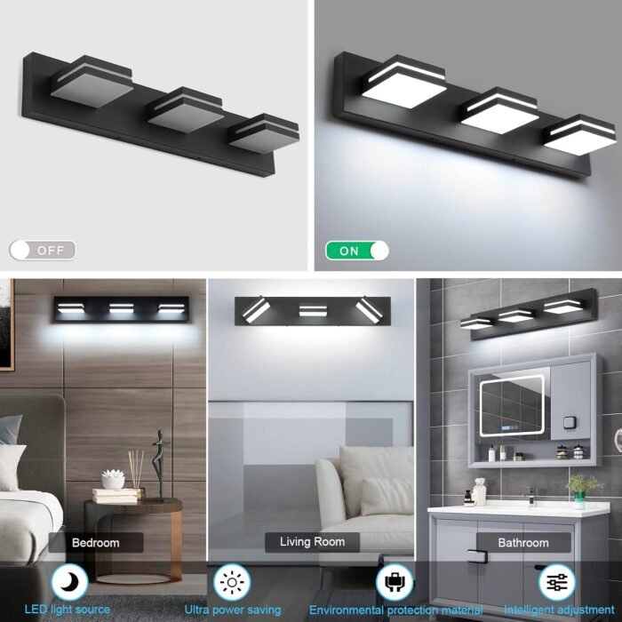 SineRise LED Modern Bathroom Vanity Light Fixtures (3-Light, 24-Inch), Matte Black Modern Acrylic Bathroom Wall Lighting Fixtures Over Mirror (Cool White 6000K) - Image 3