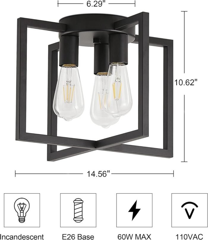 3-Light Ceiling Light Fixture, Black Semi-Flush Mount Chandelier with Geometric Metal Shade, Farmhouse Industrial Lighting for Kitchen Living Room Bedroom Hallway Foyer, E26 Base - Image 2