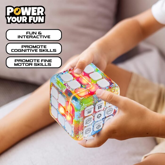 Power Your Fun Cubik LED Flashing Cube Memory Game - Electronic Handheld Game, 5 Brain Memory Games for Kids STEM Sensory Toys Brain Game Puzzle Fidget Light Up Cube Stress Relief Fidget Toy (Tie Dye) - Image 4