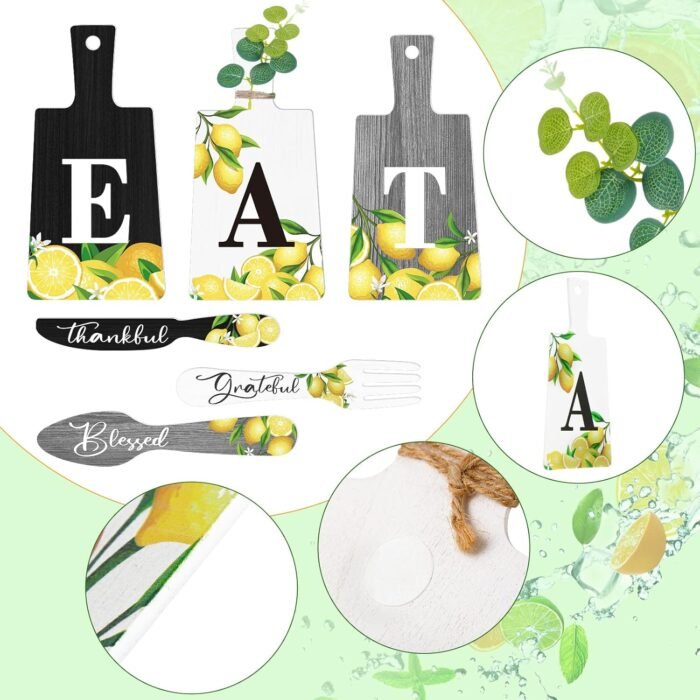 Qunclay 6 Pcs Lemon Cutting Board Eat Sign Set Fall Hanging Art Kitchen Eat Sign Lemon Knife Fork and Spoon Wall Decor Rustic Primitive Farmhouse Kitchen Christmas Decor(Black, White, Gray) - Image 2