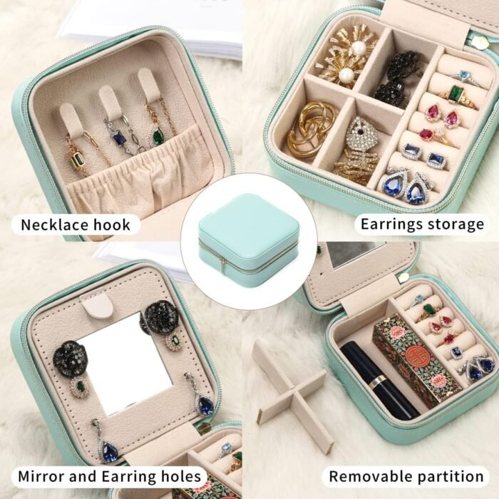 Jewelry Travel Case with Mirror,Small Travel Jewelry Organizer, Portable Jewelry Box Travel Mini Organizer Portable Display Storage Box For Rings Earrings Necklaces (Green) - Image 5